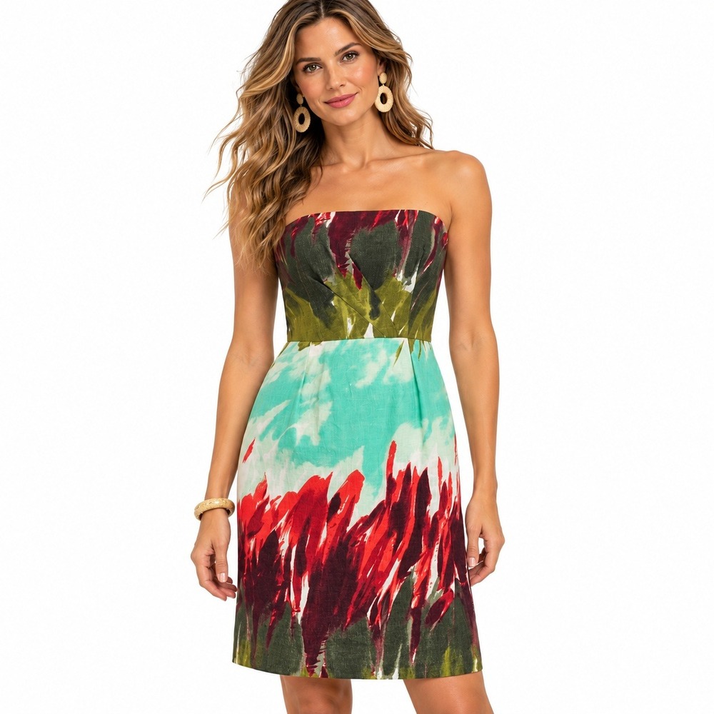 Milly Strapless Linen Dress 8 Multicolor Abstract Coastal Artistic Summer Party